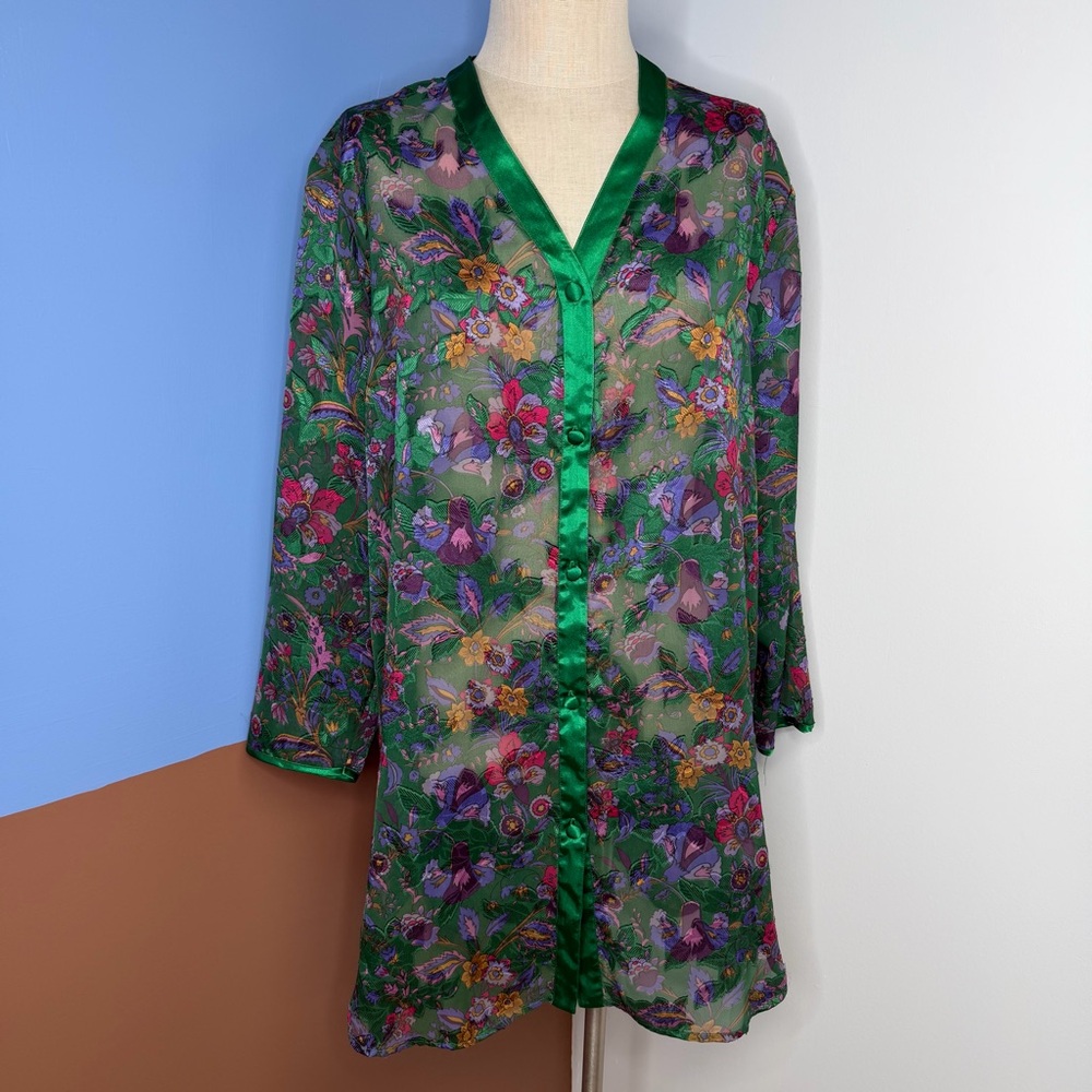 Victoria's Secret Sheer Night Shirt Green Polyester Floral Print Loungewear M/L